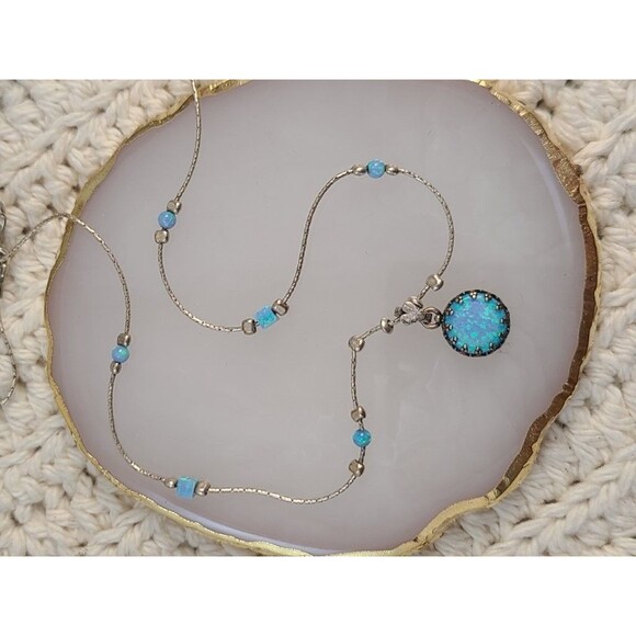 925 Sterling Silver Blue Fire Opal Pendant Necklace 18" Dainty Artisan Israeli - Picture 1 of 5